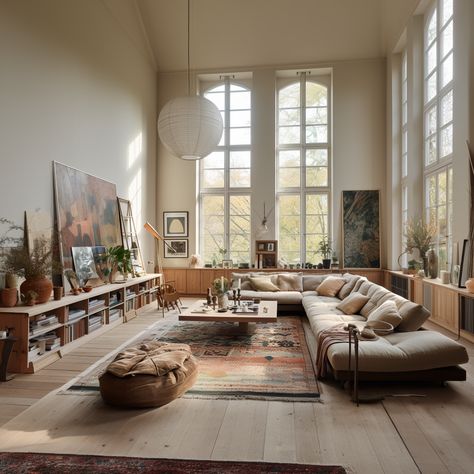 Large Loft Living Room Ideas, Busy Interior Design, Living Room With Artwork, Old Modern Living Room, Living Working Space, Modern Danish House, European Eclectic Design, Neo Industrial Interior Design, Transitional Interior Design Style Apartment