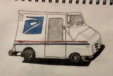 I decided to draw a mailman truck; the average known ones, they carry envelopes (was my prompt). Used pencil, ink and colored pencils Mail Carrier, I Decided, Colored Pencils, To Draw, Pencil, Trucks, Van, Drawings, Color