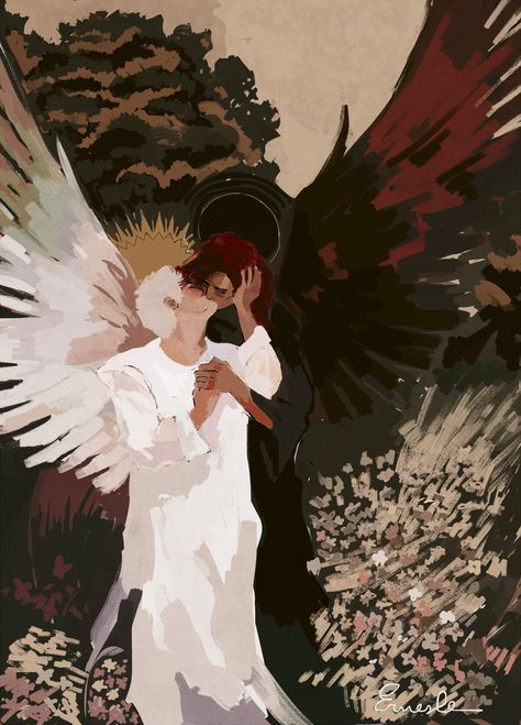 erneste 🌻 on Twitter: "the other side - commission for @mongoliabun ✨ #GoodOmens… " Aziraphale Crowley Fanart, Aziraphale With Beard, Good Omens 2 Wallpaper, Good Omens 2 Fanart, Good Omens Wallpaper Fanart, Good Omens Painting, Good Omen Wallpaper, Good Omens Aziraphale Fanart, Aziracrow Wallpaper