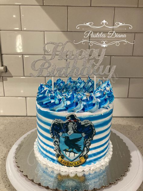 Blue and white Harry Potter Birthday Cake Ravenclaw, Harry Potter Ravenclaw Cake, Ravenclaw Birthday Cake, Harry Potter Bridal Shower, Harry Potter Birthday Cake, Cinderella Birthday Party, House Cake, Cinderella Birthday, Harry Potter Ravenclaw