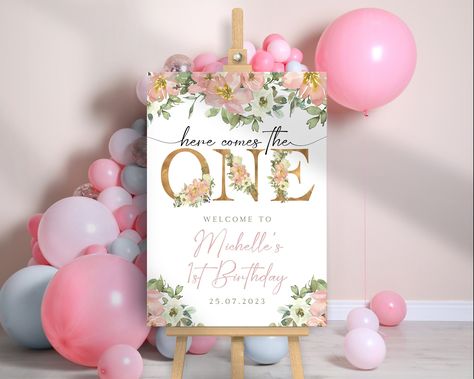 First Birthday Welcome Sign, Baby's 1st Birthday, Pink Balloons Poster, Girls Birthday - Printed Sign Board