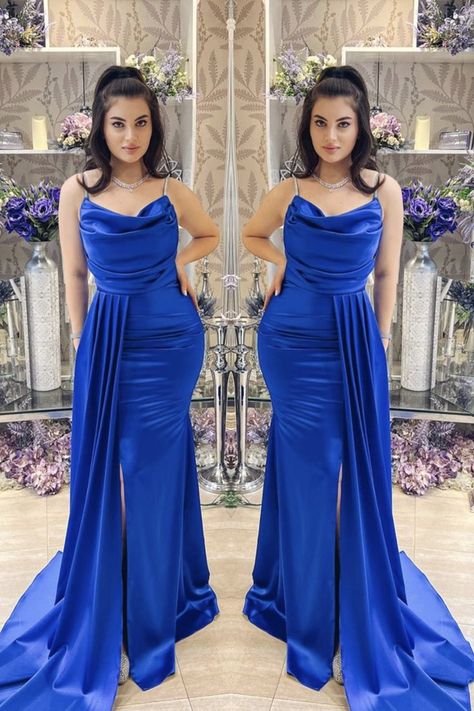 royal blue satin bridesmaid dress Blue Satin Bridesmaid, Cowl Neck Bridesmaid Dress, Formal Dresses Mermaid, Mermaid Formal Gowns, Bridesmaids Dress Inspiration, Satin Bridesmaid Dress, Formal Occasion Dress, Bridal Party Dresses, Satin Bridesmaid Dresses