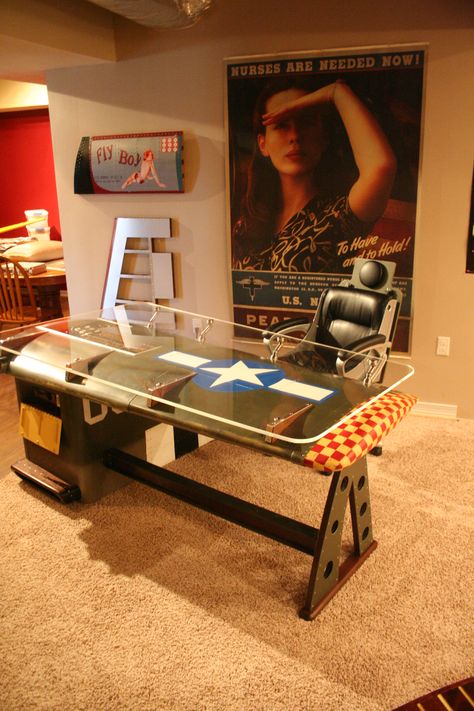 Desk inspired by the P51 Mustang "Hurry Home Honey" Aviation Office, Desk Inspired, Aviation Furniture, Garage Loft, Aviation Decor, Office Shelving, Artistic Furniture, Metal Working Projects, Dream Office