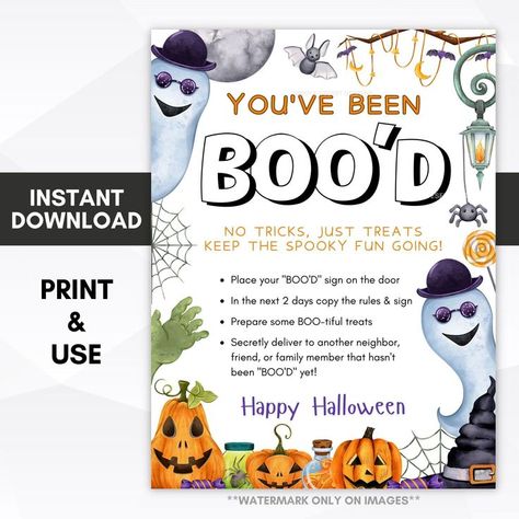 Product Description: Whether you're planning ahead or looking for youve been bood ideas, this is the perfect solution for your teacher, neighborhood or office gift ideas! This fun set of You've Been Boo'd printable tags is a fun and festive Halloween gift idea. With colorful and cute designs, it's not too spooky and perfect for all ages. Simply print the instant download PDF and use it to accompany your Halloween treats. The printable also includ#HalloweenGifts #TeacherGifts #SpookySurprises #ClassroomTreats #EducatorPresents #TrickorTeach #FrightfullyFun #GhoulishGoodies #TeachingTreats #HalloweenClassroom You’ve Been Booed Office, You've Been Bood, Office Gift Ideas, Youve Been Bood, Boo Baskets, Spooky Candy, Halloween Gift Baskets, Halloween Teacher Gifts, Halloween Movie Night