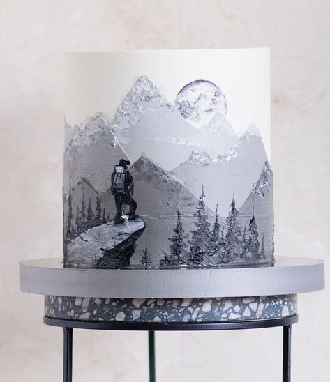 Snowboarding Cake Ideas, Hiking Cake Ideas For Men, Cake Mountain, Mountain Cakes, Hiking Cake, Mountain Cake Ideas, Forest Theme Cakes, Moose Cake, Mountain Wedding Cake