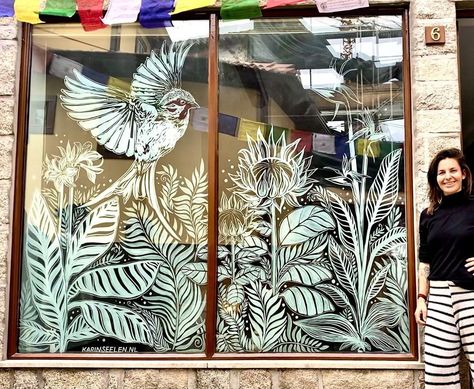 My new favorite window drawing (in Portugal!)🧡 Last Friday I had the honor to illustrate the windows of my dear friends’ new yoga… | Instagram Window Drawing Ideas, Spring Window Display, Painted Window Art, Yoga Instagram, Spring Drawing, Window Mural, Window Illustration, Summer Window, African Plants