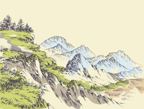 Wilderness drawing. Mountains and alpine vegetation sketch #Sponsored , #SPONSORED, #ad, #drawing, #sketch, #vegetation, #Wilderness Wilderness Drawing, Mountain Ecosystem, Drawing Mountains, Ad Drawing, Mountain Sketch, Mountains Design, Mountain Drawing, Drawing Vector, Background Drawing