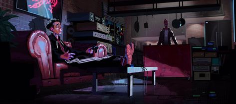 Spiderverse Room, Uncle Aaron Spiderverse, Uncle Aaron, Digital City, Environment Reference, Spider Man Into The Spider Verse, Gravity Falls Funny, Into The Spider Verse, Spiderman Spider