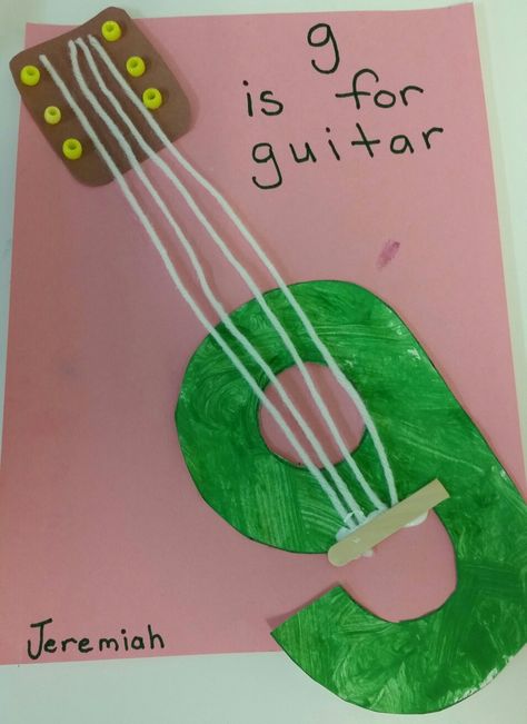 G is for guitar. Easy preschool alphabet craft. From the Firefly class. G For Guitar Craft, Letter E Activities For Preschoolers, G Is For Guitar Craft, G Craft For Preschool, G Craft Preschool, Guitar Activities Preschool, Lowercase G Craft, Letter G Is For, G Is For Craft Preschool