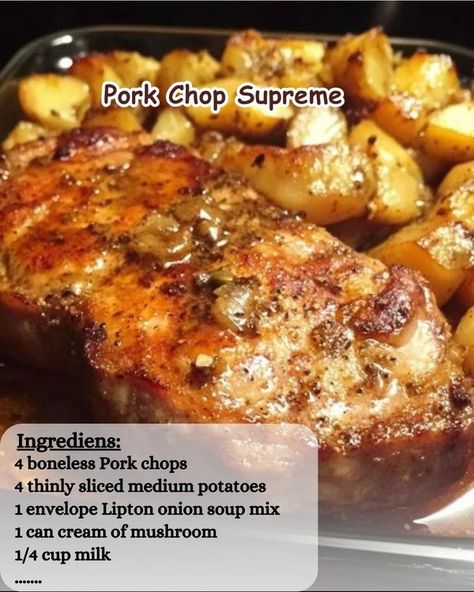 Pork Chop Supreme   4 boneless Pork... - Ashley's Recipes Lipton Onion Soup Mix Recipes, Pork Chop Supreme Recipe, Soup Mix Recipes, Onion Soup Mix Recipe, Pork Casserole, Pork Chop Recipes Baked, Pork Chop Dinner, Lipton Onion Soup Mix, Chop Recipes