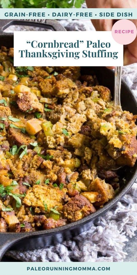 This savory and sweet “cornbread” Paleo Thanksgiving Stuffing is for all of you who want to keep with clean but still crave some bread in your stuffing! A grain-free, dairy-free sweet potato bread is cubed and baked with sausage, apples, celery and onion, mushrooms, pecans and herbs for a delicious, filling and healthy Thanksgiving stuffing reminiscent of the classic. Healthy Thanksgiving Stuffing, Paleo Thanksgiving Stuffing, Grain Free Stuffing, Healthy Thanksgiving Side Dishes, Paleo Cornbread, Paleo Stuffing, Thanksgiving Stuffing Recipe, 2023 Thanksgiving, Thanksgiving Side Dish Recipes