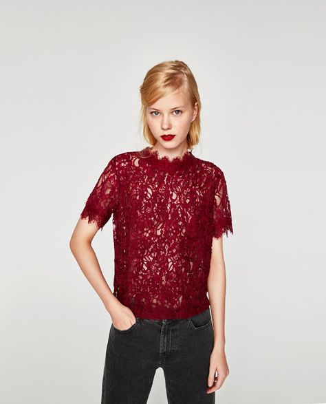 Zara Lace Top, Zara Leggings, Embroidered Lace Top, Womens Lace Tops, Pretty Top, Lace Shirt, Zara Basic, Accessories Jacket, Embroidered Lace