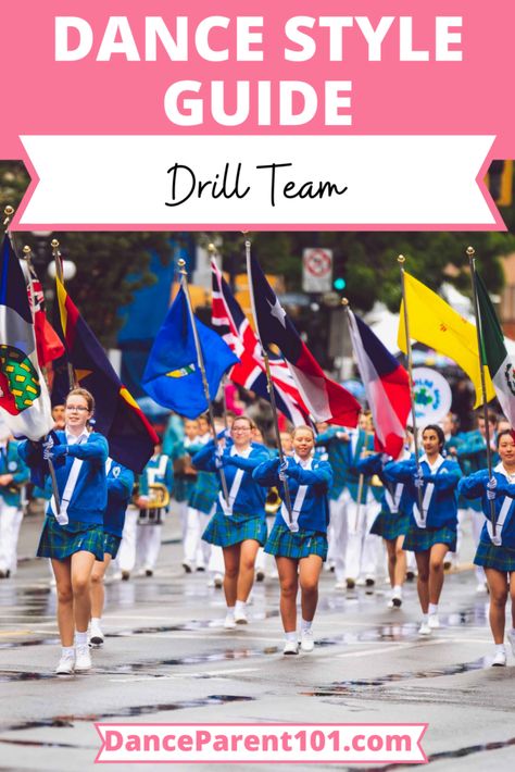 Have you ever wondered what Drill Team style of dance is? Check out the article on the Dance Parent 101 website where we give you a simple explanation and definition about this type of movement, a bit of the history and what it might look like in a dance class or what the main choreography and steps are! #dance #dancestyles #typesofdance #drillteam Drill Team Practice Outfits, Dance Technique Drills, Horse Drill Team, Squad Gifts Drill Team, Dance Drill Team, Dance Parents, Drill Team Pictures, Texas High School, Team Schedule