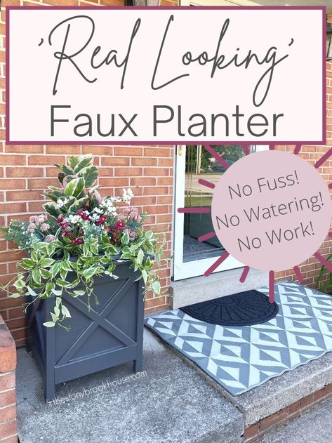 Faux Planter Fillers, Front Porch Planters Faux Plants, Fake Planter Box Ideas, Diy Faux Planters Front Porches, Faux Planters Front Porches, Faux Outdoor Plants Front Doors, Fall Pots Outdoor Planters, Faux Flowers Outdoors, Faux Plants For Front Porch