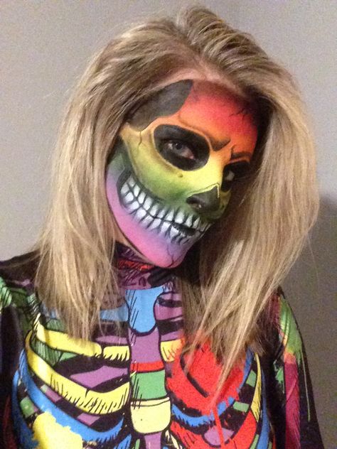 Rainbow Skeleton Costume, Skeleton Makeup Colorful, Rainbow Skeleton Makeup, Rainbow Skull Makeup, Skeleton Face Paint Easy, Skull Makeup Halloween, Rainbow Skeleton, Skeleton Face Paint, Pride 2024