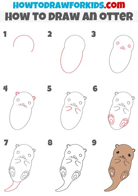 Otter Step By Step Drawing, Kawai Drawing Easy, Otter Drawing Tutorial, Otter Doodle Easy, Cute Otter Drawing Easy, How To Draw Woodland Animals Step By Step, Simple Animal Drawings Step By Step, Simple Otter Drawing, How To Draw An Otter Step By Step