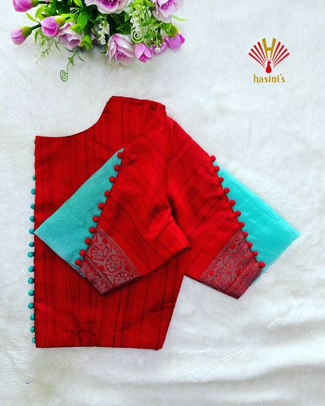 Half And Half Blouse Designs, Plain Pattu Saree Blouse Designs, Blouse Neck And Sleeve Design, Double Colour Blouse Design, Pochampally Blouse Designs Work, Patch Work Blouse Designs Simple Patch Work Blouse Designs, Hands Models For Blouses, Blouse Sleeves Designs Latest Fancy, Boat Neck Blouse Designs Latest Back