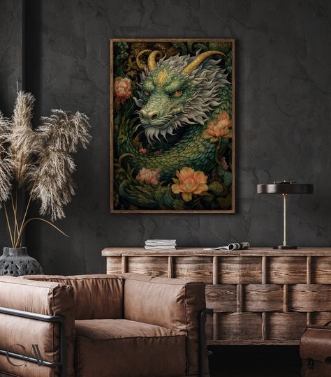 Dragon Poster, Large Wall Art Canvas, Dragon Wall Art, William Morris Inspired, Dragon Wall, Playroom Wall Decor, Dragon Decor, Large Canvas Wall Art, Print Decor