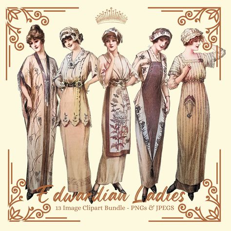 1910s Fashion Edwardian Women's Fashion Dresses Hats Clipart Bundle.  13 quality vintage 1910s women's dresses and hats bags clipart images photographed, restored and colorised. Use these images for junk journals, decoupage, collages, altered art, scrapbooking, card making, and any other creative thing you can think of.  I have really enjoyed putting them together for you. I have collected these images in my collection over two decades in vintage magazines, advertisements, books, postcards, etc. I have a whole house full and thought I would start to share them with others. I have spent a long time going through identifying what I think are the best ones. Using Photoshop I removed the backgrounds of each image and then retouched them to remove any distracting spots from the old paper and st Srpski Jezik, 1912 Fashion, Lady Images, Edwardian Fashion Dresses, Edwardian Lady, Fashion 1910, 1920s Women, 1900s Fashion, 1910s Fashion