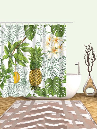 Tropical Pattern Shower Curtain With 12pcs Hook -SheIn(Sheinside) Pineapple Shower Curtain, Whale Shower Curtain, Cactus Shower Curtain, Tapestry Wallpaper, Tropical Showers, Cactus Planta, Bathtub Decor, Curtain Material, Hanging Photos