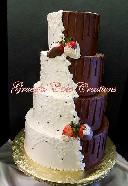 Half and Half White Butter Cream and Chocolate Butter Crea… | Flickr Half Chocolate Half Vanilla Cake Design, Half And Half Wedding Cakes, Tuxedo Strawberries, Butter Cream Wedding Cake, Brown Wedding Cakes, Heart Shaped Wedding Cakes, Cream Wedding Cake, Chocolate Wedding Cakes, Cream Wedding Cakes