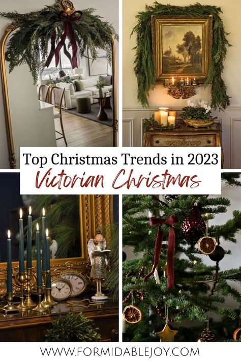 If you're looking for inspiration for Christmas decorations, look no further. Read this blog post to discover how to achieve one of the top Christmas trends in 2023: Victorian Christmas. Christmas Ornaments Traditional, Victorian Christmas Outdoor Decorations, Victorian Style Christmas Decorations, Victorian Christmas Dining Room, Victorian Christmas Centerpieces, European Style Christmas Decor, Ethereal Christmas Aesthetic, Diy Christmas Decorations Vintage, Victorian Christmas Tablescape