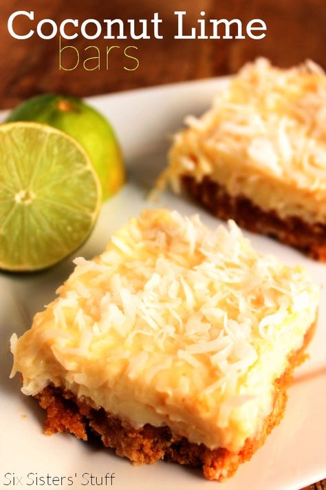 Delicious Coconut Lime Bars from SixSistersStuff.com Coconut Lime Bars, Creamy Key Lime Pie, Homemade Lemon Bars, Lemon Bar Cookies, Cookie Cups Recipe, Lime Bars, Six Sisters Stuff, Simple Keto, Coconut Bars