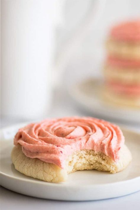 Small-batch Lemon Sugar Cookies With Strawberry Frosting Pink Sugar Cookie Recipe, Pink Sugar Cookies, Batch Baking, Milk Chocolate Chip Cookies, Mint Chip Ice Cream, Lemon Sugar Cookies, Strawberry Frosting, Sugar Cookie Frosting, Soft Sugar Cookies