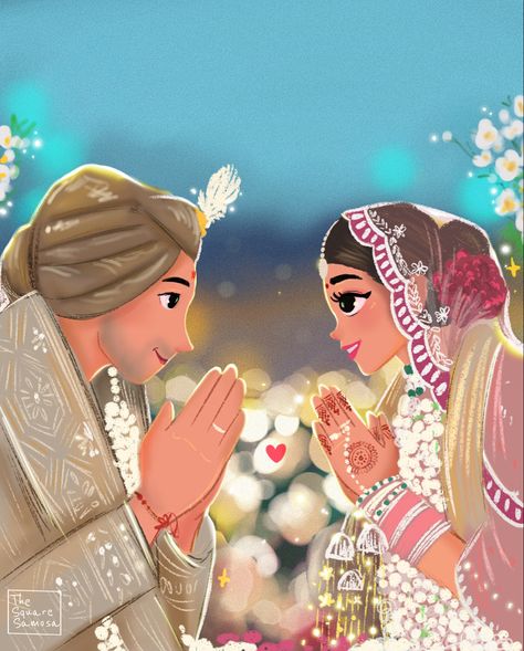 Animated Indian Wedding Couple, Varmala Indian Weddings Illustration, Marriage Illustration Art, Wedding Couple Animation, Bride Cartoon Art, Digital Card Ideas, Wedding Couple Cartoon Marriage, Indian Wedding Cartoon, Wedding Couples Illustration