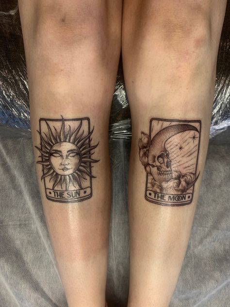 sun and moon tarot cards tattoo Sun And Moon Tarot Card Tattoo Matching, Sun And Moon Tarot Card Tattoo, The Star Tarot Tattoo, Sun And Moon Tarot, Shin Tattoo, Tarot Card Tattoo, Tarot Tattoo, Card Tattoo, Tarot Cards