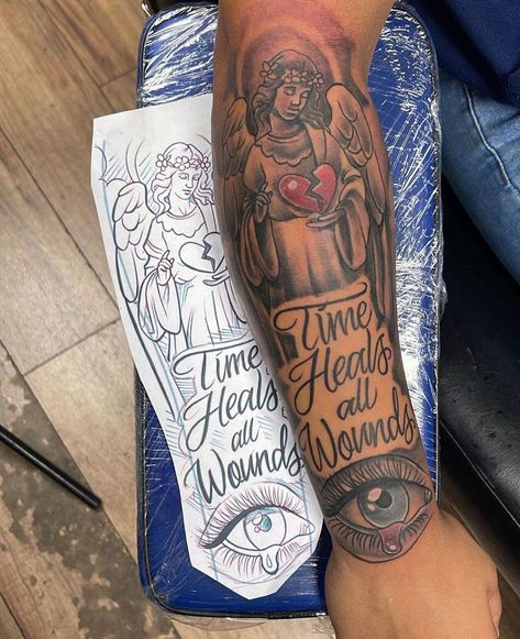 Rare Tattoos Men Sleeve, Time Heals All Wounds Tattoo, Time Heals Tattoo, Quarter Sleeve Tattoo For Men, Daniel Tattoo, Tattoos Sketches, Arm Tattoos Black, Memorial Tattoo Quotes, Tattoo Homme