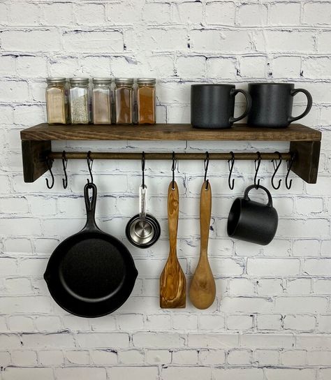 Versatile Wooden Kitchen Shelf Organizer with Hanging Utensil Holder | MakerPlace by Michaels Kitchen Organization Utensils, Hanging Utensil Holder, Kitchen Utensil Hanger, Spice Rack Kitchen, Wooden Shelves Kitchen, Utensil Hanger, Kitchen Shelves Organization, Pot Hanger, Mug Holder