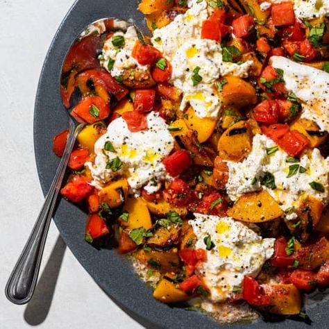 Grilled Peach and Tomato Salad with Burrata and Basil | Cook's Illustrated Tomato Burrata Salad, Salad With Burrata, Cooks Illustrated Recipes, Donut Toppings, Burrata Salad, Cookie Toppings, Simple Vinaigrette, America's Test Kitchen Recipes, Grilled Peaches