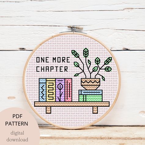 "Book cross stitch, bookish bookshelves cute modern digital pdf cross stitch pattern This listing is for a DIGITAL FILE only. No physical product will be shipped.  This pattern is for a 3\" hoop and 14 count Aida fabric ✧ You will receive - PDF file ready to print with the pattern (shown in the above pictures) - A step by step guide with instruction on how to use the pattern and create a beautiful project ✧ Please note - The guide is beginner friendly and it includes suggestions on tools you wou Reading Cross Stitch Pattern, Books Cross Stitch Pattern, Bookish Cross Stitch Patterns, Book Cross Stitch Pattern, Book Cross Stitch, Funny Cross Stitch Patterns, Aida Fabric, Cross Stitch Books, Types Of Stitches