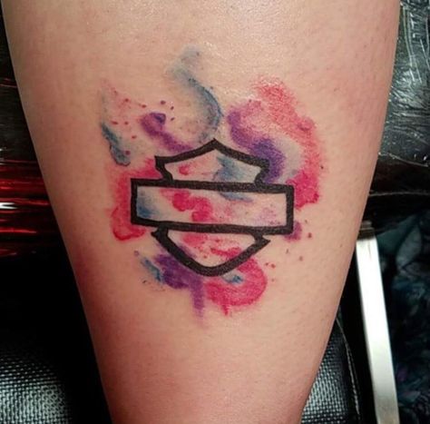 Harley Davidson watercolor tattoo Womens Harley Davidson Tattoos, Minimalist Harley Davidson Tattoo, Feminine Harley Davidson Tattoos, Harley Davidson Tattoos For Women Small, Small Harley Davidson Tattoos, Harley Davidson Memorial Tattoos, Harley Tattoos For Women, Harley Davidson Tattoos For Women, Groomer Tattoo