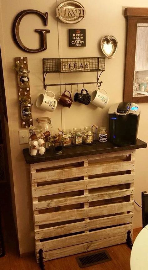 Awesome Coffee Bar Diy Pallet Coffee Bar, Pallet Coffee Bar Diy, Tv Stand To Coffee Bar, Pallet Coffee Bar, Western Coffee Bar, Double Wide Kitchen Remodel, Diy Coffee Bar Table, Georgia Farmhouse, Diy Banquette