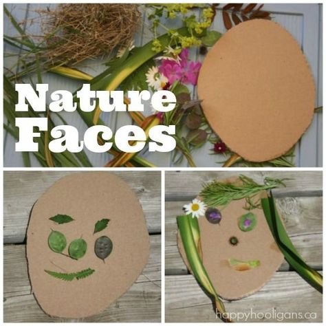 Nature Faces: Creating art with flowers and leaves!  Take the kids on a nature hunt, and create art with your findings! - Happy Hooligans Nature Faces, Art With Flowers, Nature Hunt, Self Portrait Art, Forest School Activities, Toddler Art Projects, Theme Nature, Deco Nature, Forest School