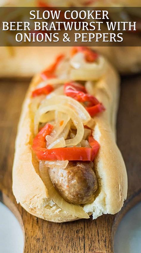 Slow cooker beer bratwurst with onions and peppers are the perfect, easy cookout meal for a crowd. Brats are slow cooked in German beer along with onions & peppers, pile onto a bun and you’re set. #bratwurst #oktoberfest #gameday #bratwurst #sausageandpeppers Slow Cooker Bratwurst, Meal For A Crowd, Oven Casserole Recipes, Beer Bratwurst, Brats Recipes, Food Rocks, Bratwurst Recipes, Vegetarian Slow Cooker Recipes, Beer Brats