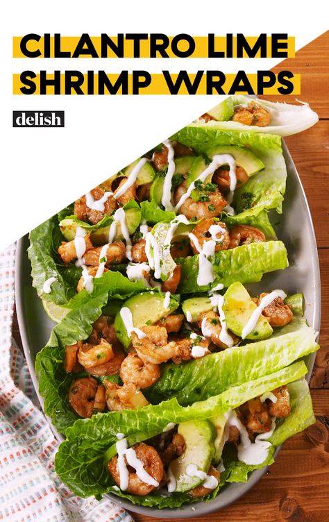 Cilantro Lime Shrimp Wraps are like low-carb tacos. Get the recipe at Delish.com. #recipe #easy #easyrecipes #shrimp #seafood #lowcarb #dinner #easydinner #dinnerrecipes #avocado Salat Wraps, Sandwich Vegetarian, Shrimp Wraps, Shrimp Lettuce Wraps, Cilantro Lime Shrimp, Low Carb Tacos, Butter Salmon, Lettuce Wrap Recipes, Lime Shrimp