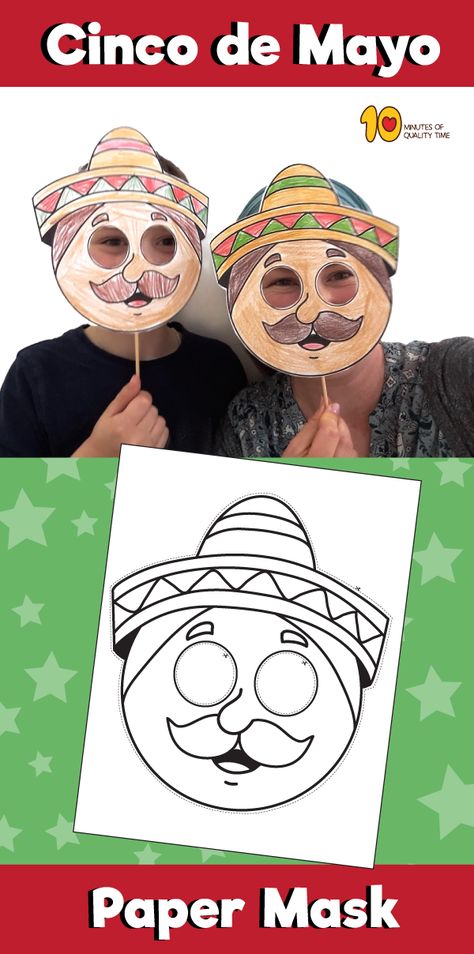 Cinco de Mayo - Paper Mask Paper Plate Masks, Snow White Coloring Pages, Emoji Coloring Pages, Paper Crown, Love Coloring Pages, Masks Crafts, Mexican Crafts, Mask Template, 5 De Mayo