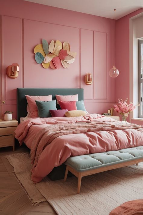 Coral Bedroom, Trending Paint Colors, Bedroom Game, Bedroom Trends, Pink Bedrooms, Grey Bedroom, Bedroom Paint Colors, Luxury Interiors, Pink Bedroom