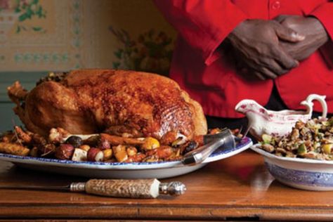 This recipe for roast goose—filled with a bacon-and-brussels sprout stuffing—comes from Brian Alberg of the Red Lion Inn in Stockbridge, Massachusetts. Christmas Goose Dinner, Goose Recipes, Holiday Roasts, Cooking Wild Rice, Christmas Goose, Stuffing Recipes, Game Food, Roast Recipes, Roasted Vegetables