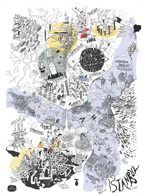 Alex Hotchin, "Istanbul" (2014) #map #istanbul #turkey Cartography Art, Urban Mapping, Map Collage, Map Sketch, Visual Map, Mental Map, Urban Design Graphics, Map Making, Conceptual Drawing