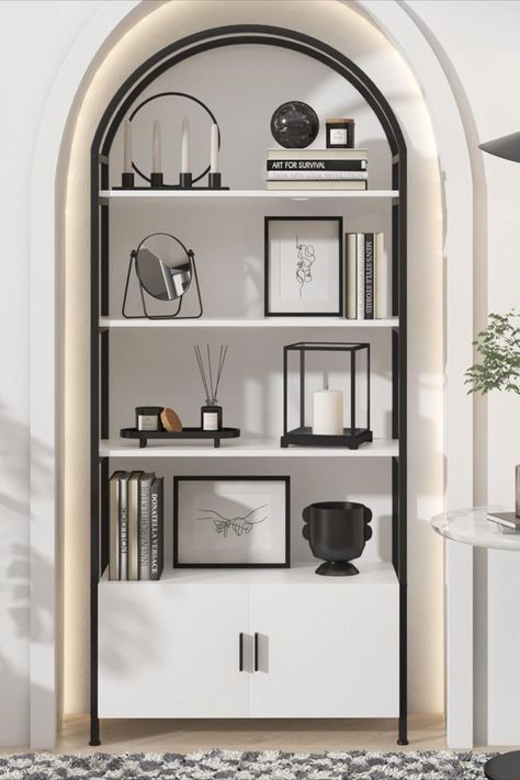 Jehiatek Arched Bookshelf, Bookcase with Doors Storage, 71 Inches Tall Industrial Book Shelf with Sturdy Metal Frame, E1 Quality Boards, Freestanding Display Shelving Unit, Black and White Industrial Book Shelf, Arched Bookshelf, Gold Bookshelf, Bookcase With Doors, Luxury Sideboard, Bookcase Door, Display Shelving, Furniture Bookshelves, White Sideboard