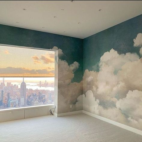 Cloud Painted Walls, Wall Clouds Diy, Cloud Accent Wall Nursery, Painting My Ceiling, Cloudy Room Aesthetic, Cloud Wall Paint, Paint Clouds On Walls, How To Paint Clouds On Ceiling, Cloud Mural Bedroom