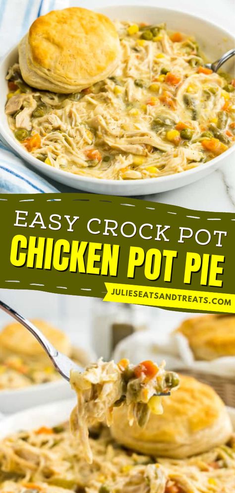 This Crock Pot Chicken Pot Pie is a simple dinner recipe loaded with juicy bites of chicken, and vegetables in a creamy sauce with a biscuit on top. This homemade chicken pot pie will be your new go-to comfort food! Chicken Pot Pie Recipe Crockpot, Slow Cooker Chicken Pot Pie, Chicken Potpie, Crockpot Chicken Pot Pie, Creamy Chicken Pot Pie, Chicken Pot Pie Soup, Pot Pie Soup, Best Crockpot Recipes, Easy Crockpot Chicken