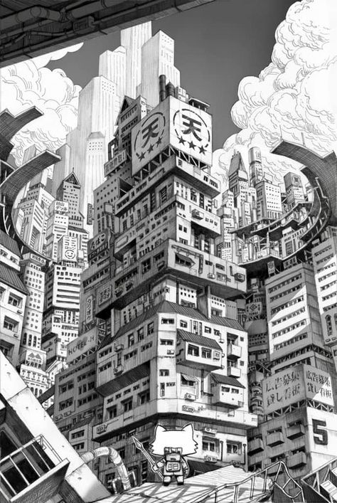 Black And White City Drawing, Cyberpunk City Drawing, Japanese Buildings, Perspective Drawing Lessons, City Layout, Building Drawing, Building Concept, City Background, City Drawing