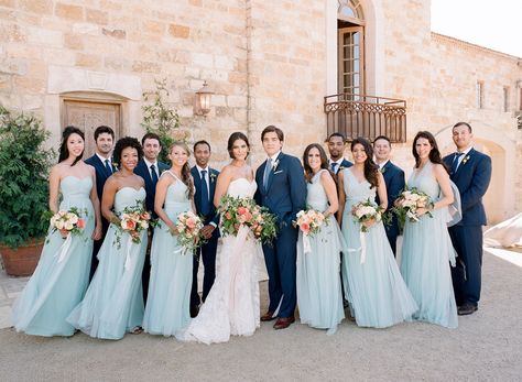 Read More: https://www.stylemepretty.com//www.stylemepretty.com/vault/image/4774851 Blue And Peach Wedding, Sky Blue Wedding, Sky Blue Weddings, Villa Photography, Light Blue Bridesmaid Dresses, Sky Wedding, Light Blue Bridesmaid, Peach Bridesmaid, Sky Blue Bridesmaid Dresses