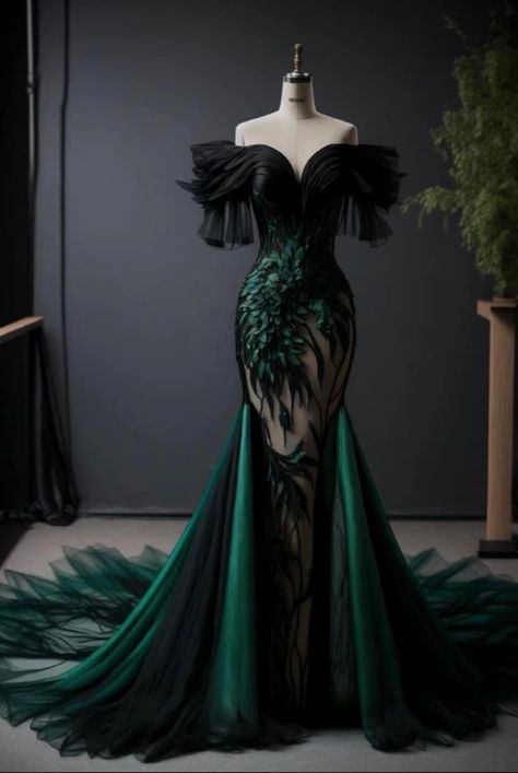 Green And Gold Formal Dress, Villian Dress Aesthetic, Black And Green Fantasy Dress, Dark Green And Black Dress, Black And Green Dress Gowns, Fantasy Villain Aesthetic Outfits, Black And Green Gown, Black And Green Wedding Dress, Green Fantasy Gown