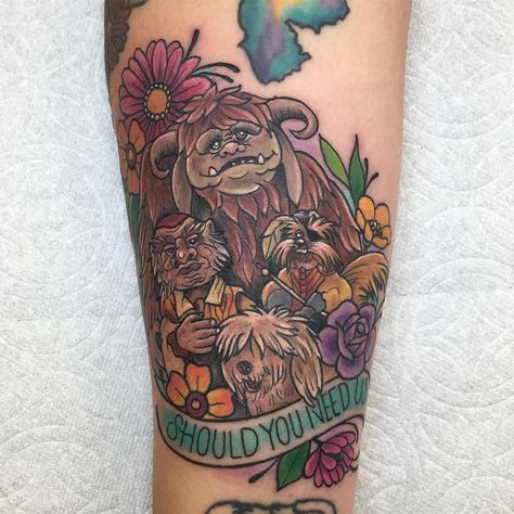 #mulpix “Shall you need us.” Labyrinth tattoo for Sinthia adding on to her fun arm ️ Thank you girl!  #youremindmeofthebabe #Labyrinth #ludo #sirdidymus #hoggle #ambrosius #forearmtattoo #wlba #missdtattoo Labyrinth Ludo, Labyrinth Tattoo, Forearm Flower Tattoo, Small Forearm Tattoos, Small Flower Tattoos, Small Wrist Tattoos, Cute Small Tattoos, Memorial Tattoos, Subtle Tattoos